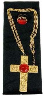 Verkleed Sinterklaas ketting en ring set goud/rood kruis voor heren/volwassenen