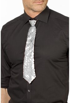 Verkleed stropdas glitter pailletten - zilver - 32 cm - verkleedaccessoire dames/heren