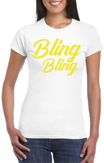 Verkleed T-shirt dames - bling - wit - geel glitter - carnaval/themafeest M