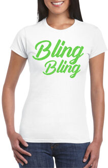 Verkleed T-shirt dames - bling - wit - groen glitter - carnaval/themafeest L
