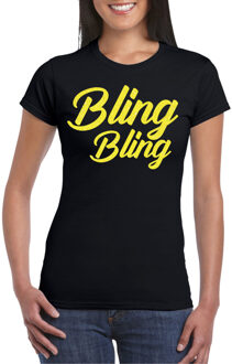 Verkleed T-shirt dames - bling - zwart - geel glitter - carnaval/themafeest XS