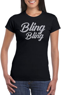 Verkleed T-shirt dames - bling - zwart - zilver glitter - carnaval/themafeest L
