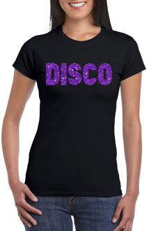 Verkleed T-shirt dames - disco - zwart - paars glitter - jaren 70/80 - carnaval L