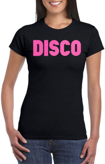 Verkleed T-shirt dames - disco - zwart - roze glitter - jaren 70/80 - carnaval XS