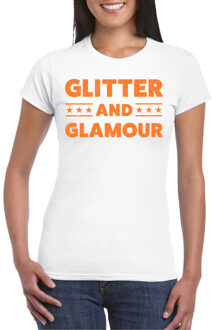 Verkleed T-shirt dames - glitter and glamour - wit - oranje glitter - carnaval XL