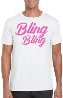 Verkleed T-shirt heren - bling - wit - roze glitter - carnaval/themafeest M