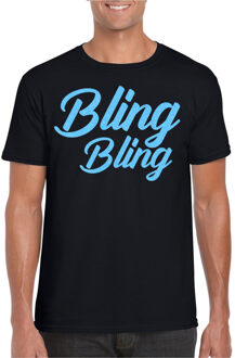 Verkleed T-shirt heren - bling - zwart - blauw glitter - carnaval/themafeest S
