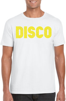 Verkleed T-shirt heren - disco - wit - geel glitter - jaren 70/80 - carnaval XL