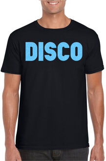 Verkleed T-shirt heren - disco - zwart - blauw glitter - jaren 70/80 - carnaval S