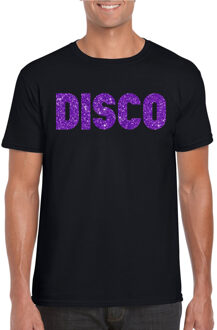 Verkleed T-shirt heren - disco - zwart - paars glitter - jaren 70/80 - carnaval L