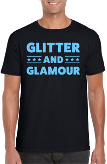 Verkleed T-shirt heren - glitter and glamour - zwart - blauw glitter - carnaval 2XL