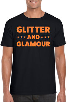 Verkleed T-shirt heren - glitter and glamour - zwart - oranje glitter - carnaval S
