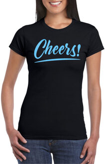 Verkleed T-shirt voor dames - cheers - zwart - blauwe glitter - carnaval M