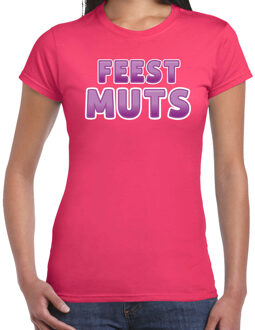 verkleed t-shirt voor dames - Feest muts - roze/paars - carnaval XL