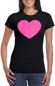 Verkleed T-shirt voor dames - hart - zwart - roze glitter - carnaval/themafeest M