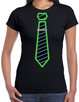 Verkleed T-shirt voor dames - neon stropdas - zwart - foute party - carnaval XS