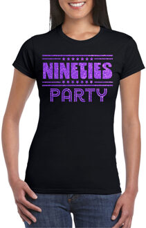 Verkleed T-shirt voor dames - nineties party - zwart - paars glitter - themafeest S