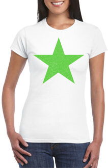 Verkleed T-shirt voor dames - ster - wit - groen glitter - carnaval/themafeest M