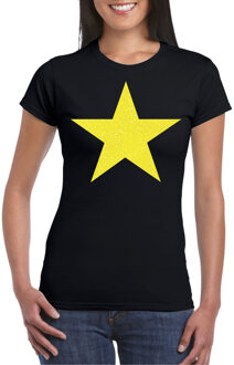 Verkleed T-shirt voor dames - ster - zwart - geel glitter - carnaval/themafeest XS