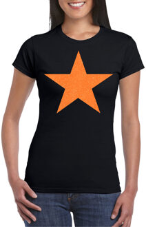 Verkleed T-shirt voor dames - ster - zwart - oranje glitter - carnaval/themafeest 2XL