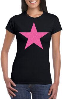 Verkleed T-shirt voor dames - ster - zwart - roze glitter - carnaval/themafeest L