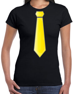Verkleed t-shirt voor dames - stropdas geel - zwart - carnaval - foute party L