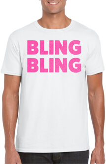 Verkleed T-shirt voor heren - bling - wit - roze glitter - carnaval/themafeest 2XL