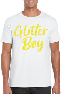 Verkleed T-shirt voor heren - glitter boy - wit - geel glitter - carnaval S