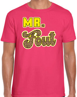 verkleed t-shirt voor heren - Mr. Fout met giraffe print - roze/geel - carnaval XL