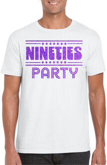 Verkleed T-shirt voor heren - nineties party - wit - paars glitter - themafeest S