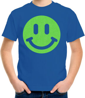 Verkleed T-shirt voor jongens - smiley - blauw - carnaval - feestkleding kind L (146-152)