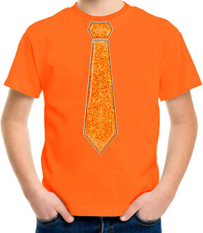 Verkleed t-shirt voor kinderen - glitter stropdas - oranje - jongen - carnaval L (140-152)