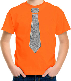 Verkleed t-shirt voor kinderen - glitter stropdas - oranje - jongen - carnaval XS (104-110)