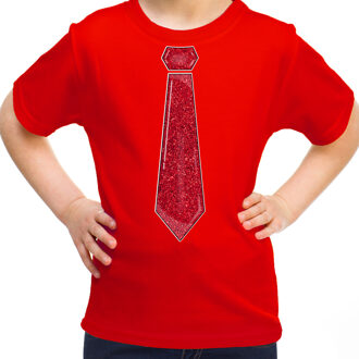 Verkleed t-shirt voor kinderen - glitter stropdas - rood - meisje - carnaval L (140-152)