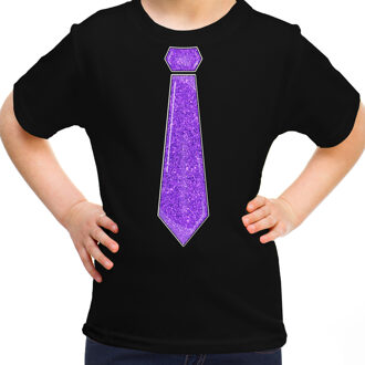 Verkleed t-shirt voor kinderen - glitter stropdas - zwart - meisje - carnaval S (110-116)
