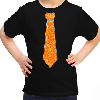 Verkleed t-shirt voor kinderen - glitter stropdas - zwart - meisje - carnaval S (110-116)