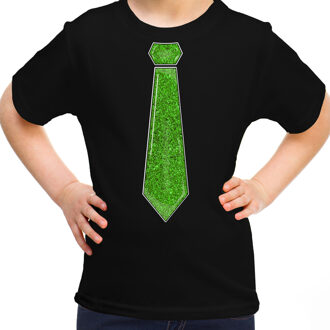 Verkleed t-shirt voor kinderen - glitter stropdas - zwart - meisje - carnaval XL (164-176)