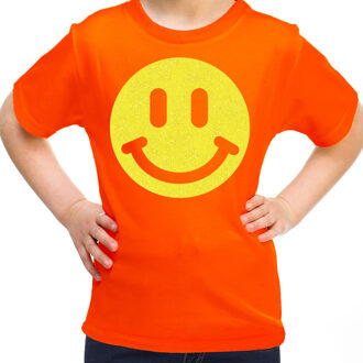 Verkleed T-shirt voor meisjes - smiley - oranje - carnaval - feestkleding kind XL (158-164)