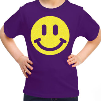 Verkleed T-shirt voor meisjes - smiley - paars - carnaval - feestkleding kind XL (158-164)