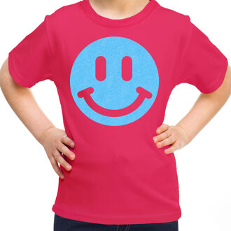 Verkleed T-shirt voor meisjes - smiley - roze - carnaval - feestkleding kind S (122-128)