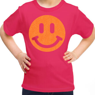 Verkleed T-shirt voor meisjes - smiley - roze - carnaval - feestkleding kind XL (158-164)