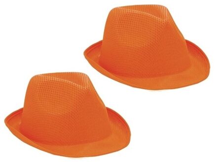 Verkleed trilby hoedje - 2x - oranje - polyester - volwassenen - Carnaval feest hoed