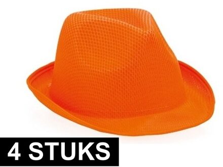 Verkleed trilby hoedje - 4x - oranje - polyester - volwassenen - Carnaval feest hoed
