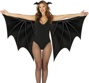 Verkleed vleugels en diadeem vleermuis - zwart - dierenpak - 170 x 80 cm - dames - Halloween