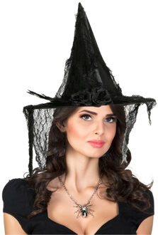 Verkleedkleding set Dames - Heks - Hoge hoed en spinnen ketting