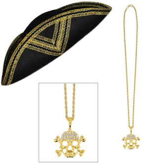 Verkleedkleding set Piraten hoed - zwart - met piraten ketting - Piraten accessiores - dames/heren