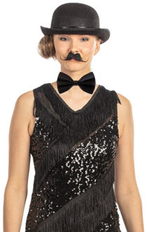 Verkleedkleding setje 2 delig - zwart - Engelse bolhoed met vlinderstrikje - voor heren