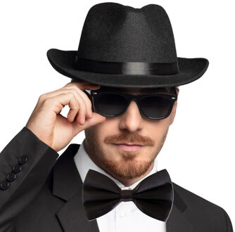 Verkleedkleding setje 2 delig - zwart - hoed met vlinderstrikje - voor heren/dames