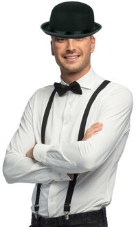 Verkleedkleding setje 3 delig - zwart - Engelse bolhoed/vlinderstrikje/bretels - voor heren