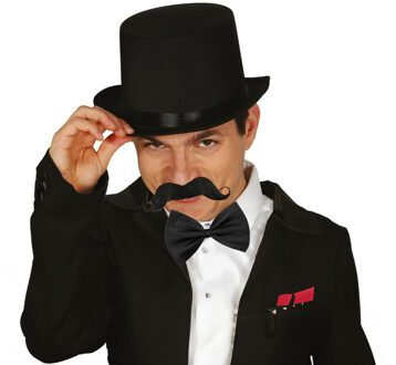 Verkleedkleding setje 3 delig - zwart - hoge hoed - vlinderstrikje - nepsnor - voor heren
